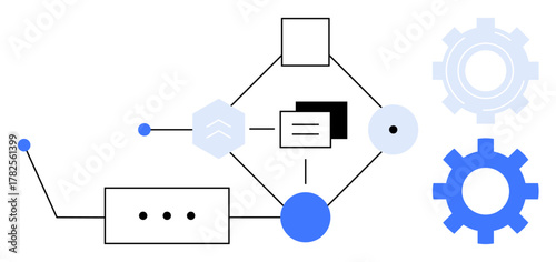 Geometric shapes, lines, and gears illustrate a process flow, connectivity, and system automation. Ideal for technology, process design, software development, engineering digital transformation