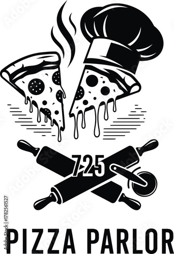 Pizza parlor logo with chef hat and rolling pins