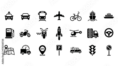 Transportation and Vehicle Silhouette Icons Set — 24 Black Vector Symbols for Car, Bus, Airplane, Motorcycle, Travel, and Navigation