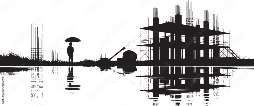 Naklejka premium Black silhouette of a construction site with rebar and scaffolding reflected in water under an umbrella