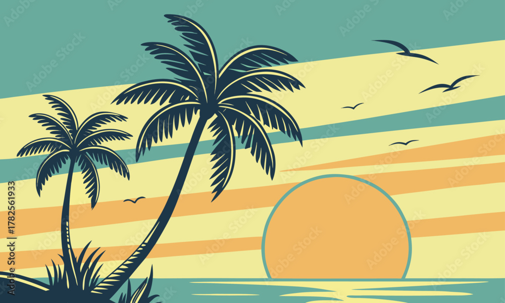 Fototapeta premium Tropical Sunset Beach Vector Illustration with Palm Trees and Birds