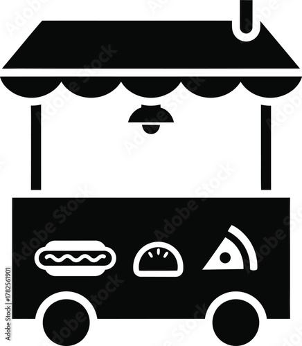 Black and white icon of a food cart with hot dog pizza and taco