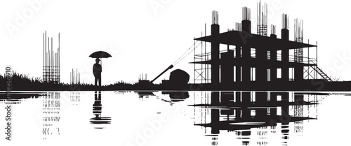 Black silhouette of a construction site with rebar and scaffolding reflected in water under an umbrella