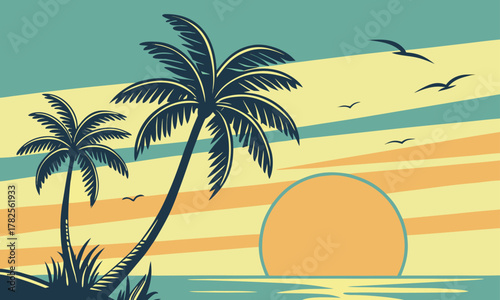 Tropical Sunset Beach Vector Illustration with Palm Trees and Birds