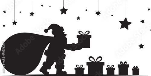 Black silhouette of Santa Claus with sack and gifts under hanging stars santa claus silhouette christmas gifts