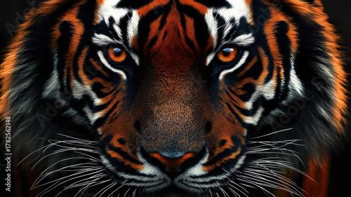 A tiger with a red nose and orange eyes. The tiger is looking directly at the camera. The tiger has a black stripe on its face