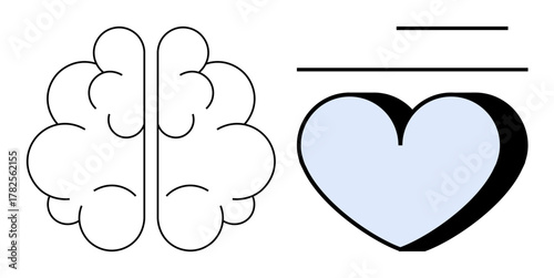 Brain outlines paired with a heart symbol underlines, reflecting the balance of logic and emotion. Ideal for psychology, mindfulness, decision-making, self-awareness, education, mental health