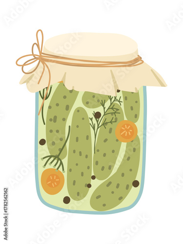 Vector illustration of pickled cucumbers in a glass jar. Hand-drawn preserved vegetables design perfect for farm market labels, organic food packaging, kitchen decor