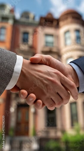 Image of Real Estate Agent and Client Shaking Hands with Real Estate Buildings in Background, Property Deal and Professional Agreement Concept