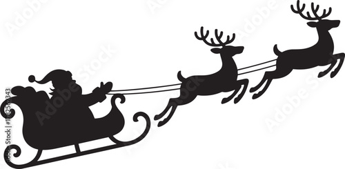 Black silhouette of Santa Claus in a sleigh pulled by flying reindeer christmas
