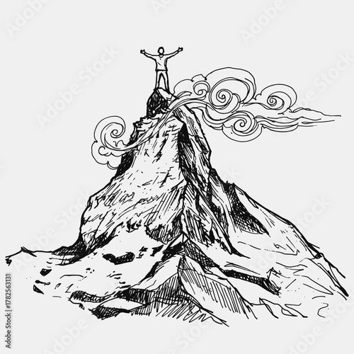 man on Matterhorn mountain peak ink sketch
