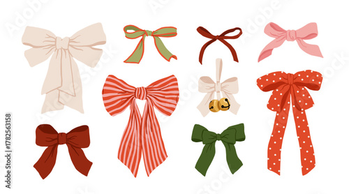 Vintage Christmas bows collection, cozy handmade holiday ribbon set, red green cream pink festive gift decorations, retro nostalgic winter aesthetic vector illustration, whimsical xmas decor art