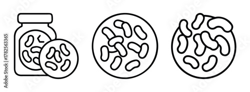 Illustration of beans in jar and oval shapes, bean outline drawing, food ingredient design