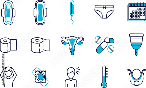 Collection of women's health and gynecology line icons representing the menstrual cycle, hygiene products, and reproductive care