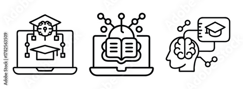 Online education and ai learning concept showing graduation cap brain and laptop for e learning