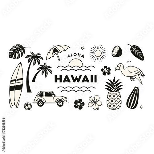 Hawaii themed doodle icons with text aloha surfboard