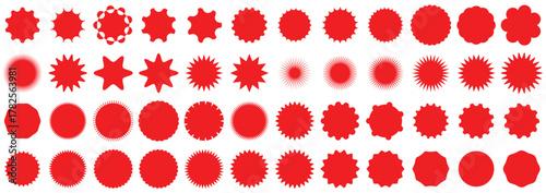 Set of red starburst. Price sticker, sale sticker, price tag, starburst, quality mark, retro stars, sale. Circle sticker set. Wavy edge promo red badges. Star burst shape tags for price. Red sale tag