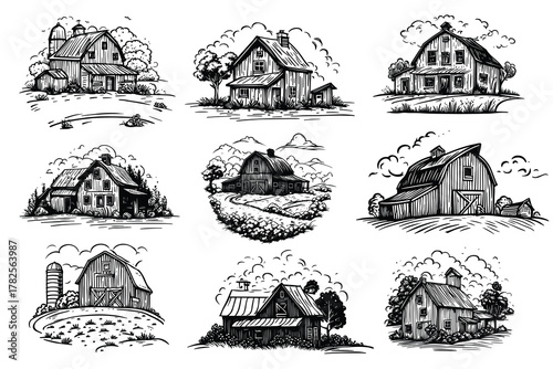 A Collection or set of Village farmhouse minimal black vector icon