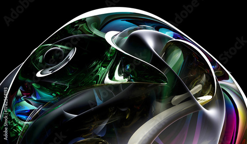 3d render with part of the surreal alien spherical ball flower in curved wavy organic lines in round shapes in plastic and glass material in green and yellow gradient color on black