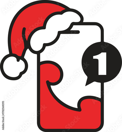 Cute cartoon smartphone wearing a red Santa hat with a notification bubble showing number one, perfect for Christmas apps and digital greetings.