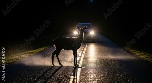 Deer Silhouette Standing on Dark Road with Car Headlights