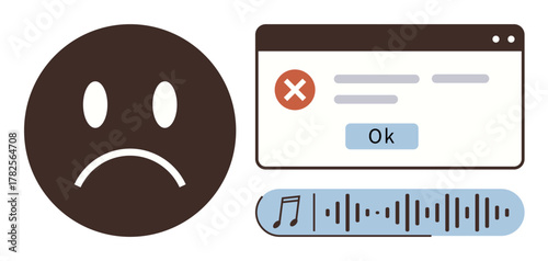 Sad face icon alongside an error message box with Ok button and audio wave. Ideal for expressing frustration, failure, error handling, communication issues, troubleshooting, warnings, emotional
