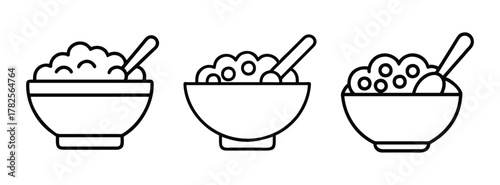 Illustration of bowls with food and spoons, food bowls, cereal bowls, soup bowls, rice bowls