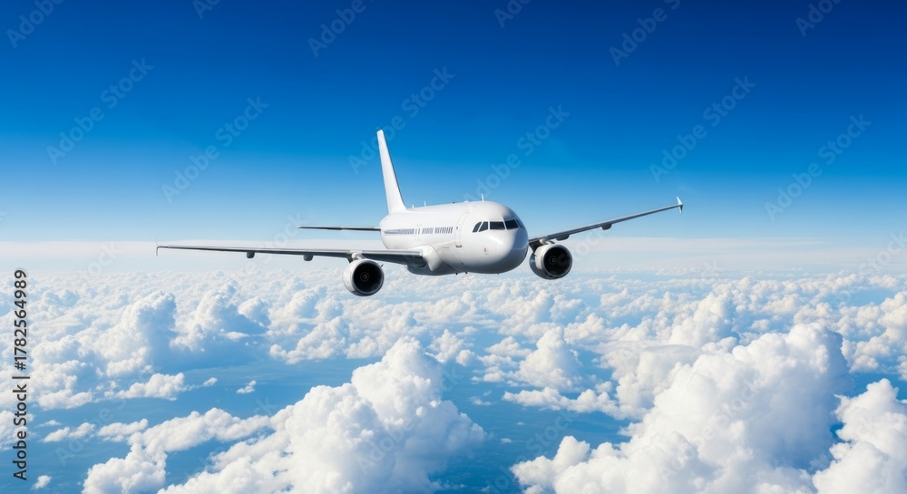 Obraz premium Flying Airplane Over Fluffy White Clouds Against Azure Sky