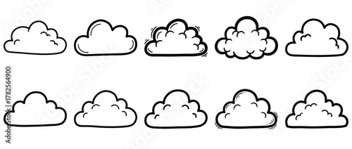 Collection of hand drawn cartoon cloud icons with transparent background, sketch style doodle weather elements for design and illustration use