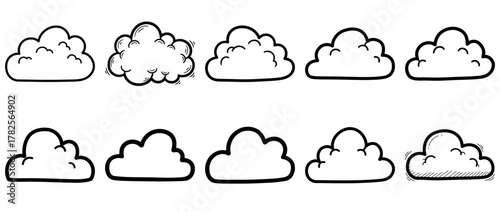 Collection of hand drawn cartoon cloud icons with transparent background, sketch style doodle weather elements for design and illustration use