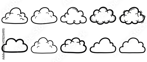 Collection of hand drawn cartoon cloud icons with transparent background, sketch style doodle weather elements for design and illustration use