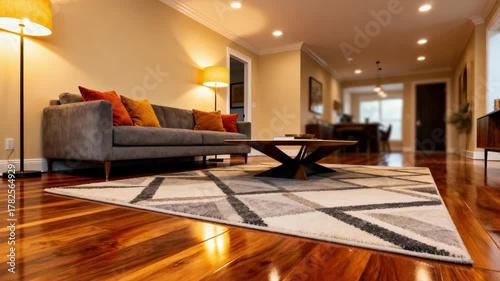 Renovated living space highlighting warm hardwood flooring and ambient lighting that enhances the rooms cozy and stylish appeal.