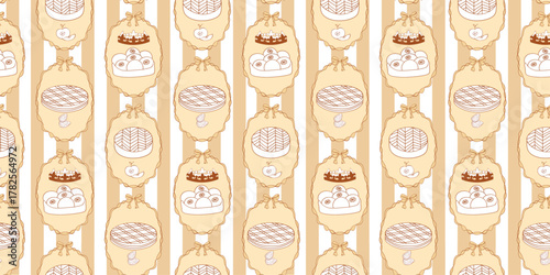 Seamless pattern of Galette des Rois pastries framed with bow, ribbons on beige and white stripes in retro style. Whimsical coquette print for bakery packaging, wrapping paper, Epiphany design