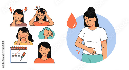 Woman experiencing menstrual pain and headache, illustration of period symptoms and discomfort