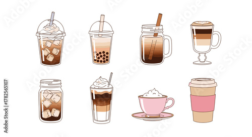 Collection of eight different iced coffee and tea drinks