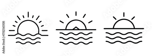 Sunrise and sunset over water vector illustration, ocean sunrise drawing, sea sunrise graphic design