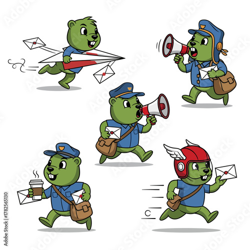 Cute cartoon beavers as postal workers delivering mail with enthusiasm.