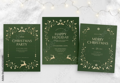 Christmas Flyer & Invitation Template in Green & Gold with Classic Festive Border & Frame Illustration