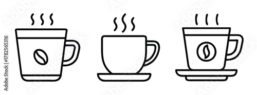 Vector drawing of hot coffee cups with steam, coffee beans, and mugs for cafe or restaurant menu