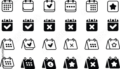 Set of calendar icons with check mark, cross, star, event, and schedule symbols for business, reminder, and date design