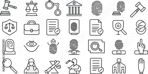 Set of law and justice icons with fingerprint, gavel, scale, document, court, and lawyer symbols for legal design