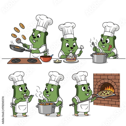 Set of cartoon beaver chef character cooking different meals.