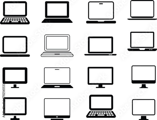 Set of computer, laptop, and monitor icons representing digital devices, technology equipment, and modern gadgets for web and graphic design