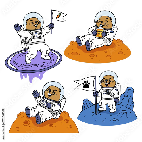 Astronaut Beaver Adventures on Different Planets with Flags and Snacks.