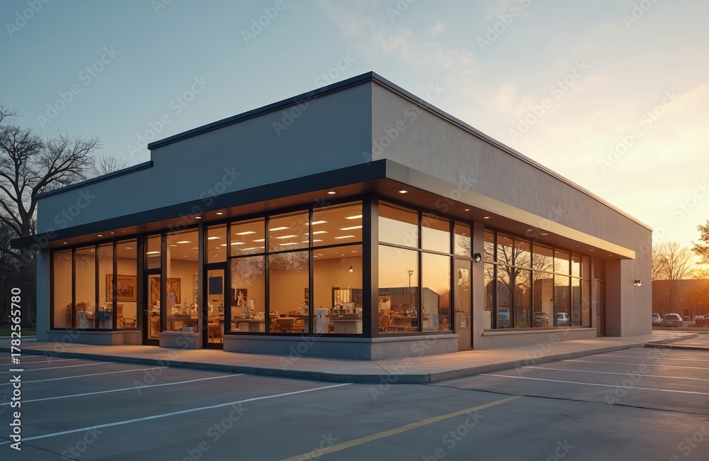 Fototapeta premium Modern office building exterior with large glass facade and empty parking lot at sunset. Corporate or retail space with contemporary architecture and landscaped surroundings in a quiet area.