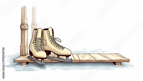 Ice skates on porch resting on wooden dock over thin ice, nostalgic winter concept