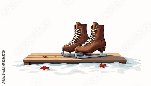 Classic brown ice skates on porch wooden board over snow with red maple leaves, calm winter aesthetic