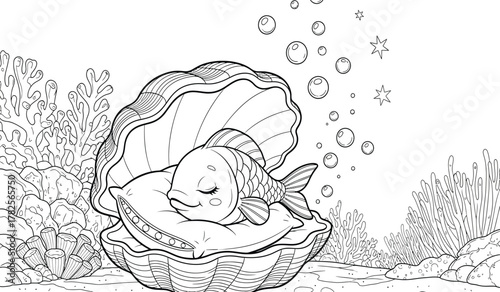 Sleeping Fish in a Seashell—Cute Underwater Coloring Page for Kids