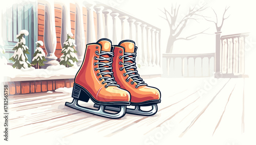 Vintage orange ice skates on wooden porch in winter sunlight, snow-covered railing behind. Concept of cozy seasonal nostalgia