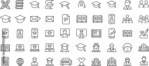 Set of education and learning icons with books, graduation cap, students, online classes, school, and study symbols for design